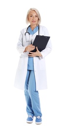 Full length portrait of female doctor with clipboard isolated on white. Medical staff