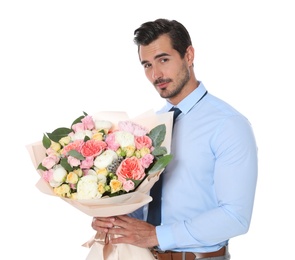 Photo of Young handsome man with beautiful flower bouquet on white background