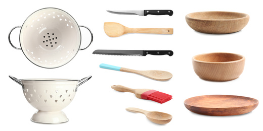 Image of Set with different cooking utensils on white background, banner design 