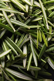 Fresh green rosemary leaves as background, top view