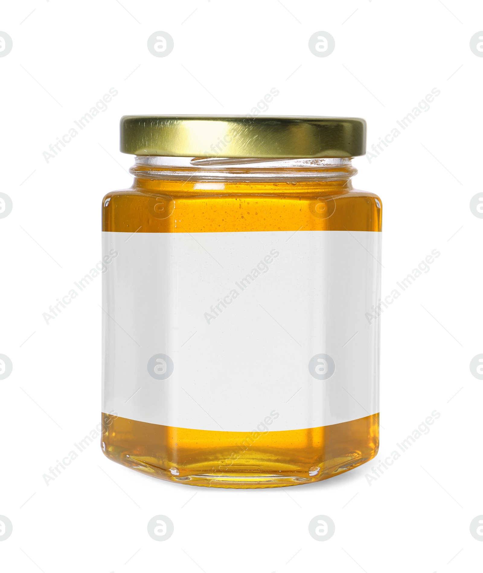 Image of Jar of honey with blank label on white background. Mockup for design