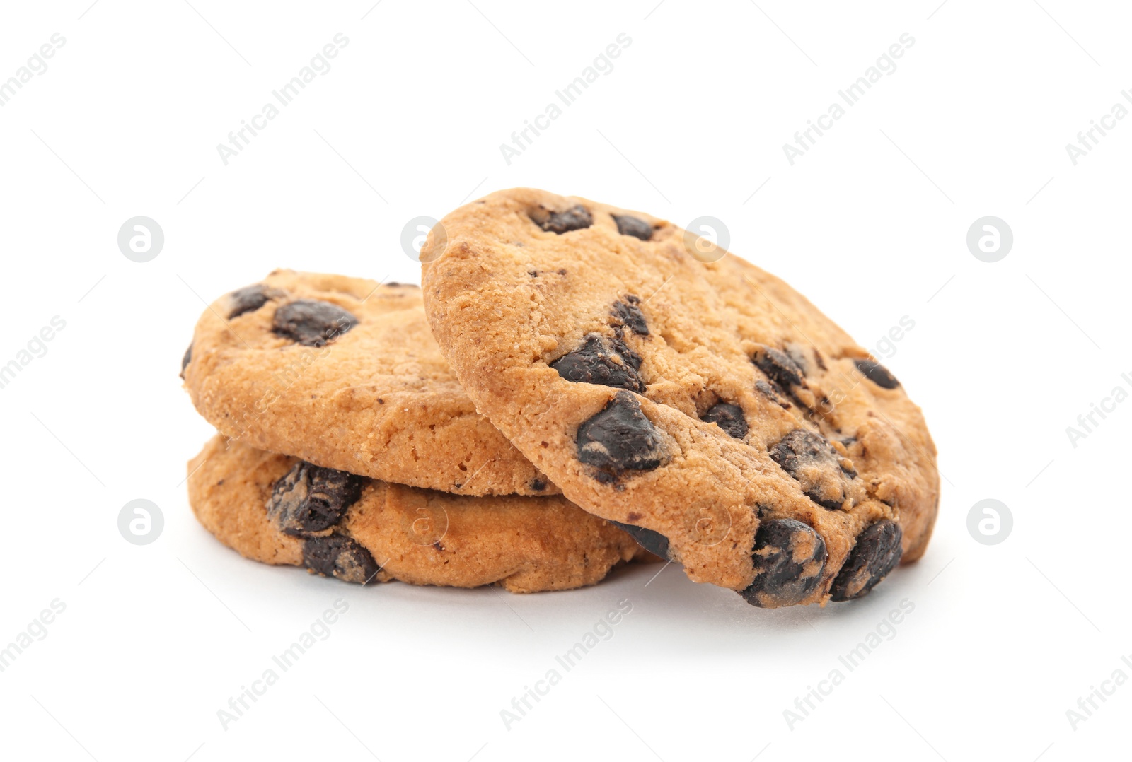 Photo of Pile of tasty chocolate chip cookies on white background