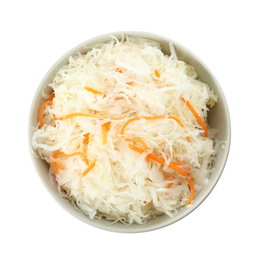 Photo of Bowl of tasty fermented cabbage isolated on white, top view