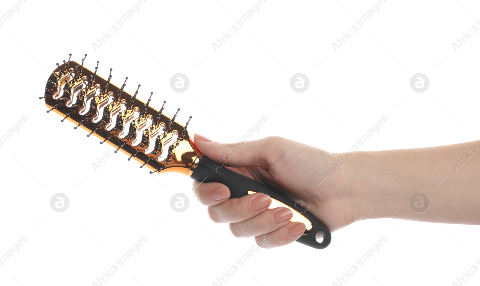 Photo of Woman holding vented hair brush on white background, closeup