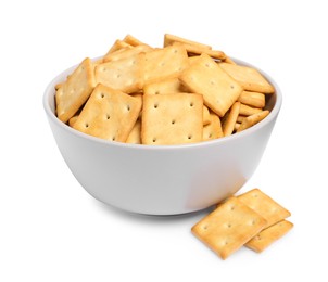 Photo of Tasty crackers in bowl isolated on white