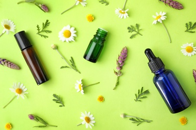 Photo of Bottles of different essential oils and wildflowers on color background, flat lay