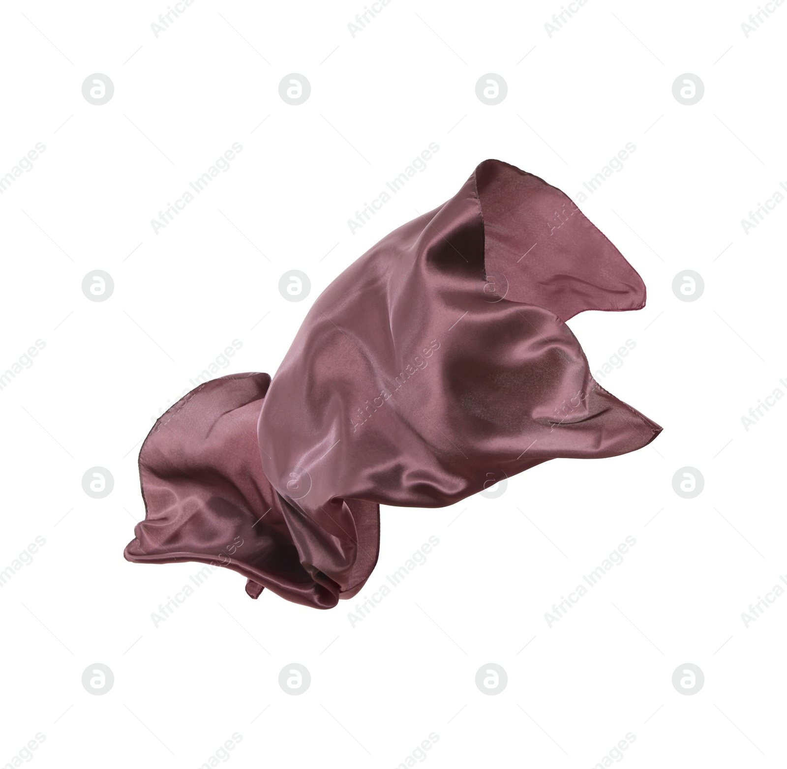 Photo of Beautiful delicate dusty rose silk floating on white background