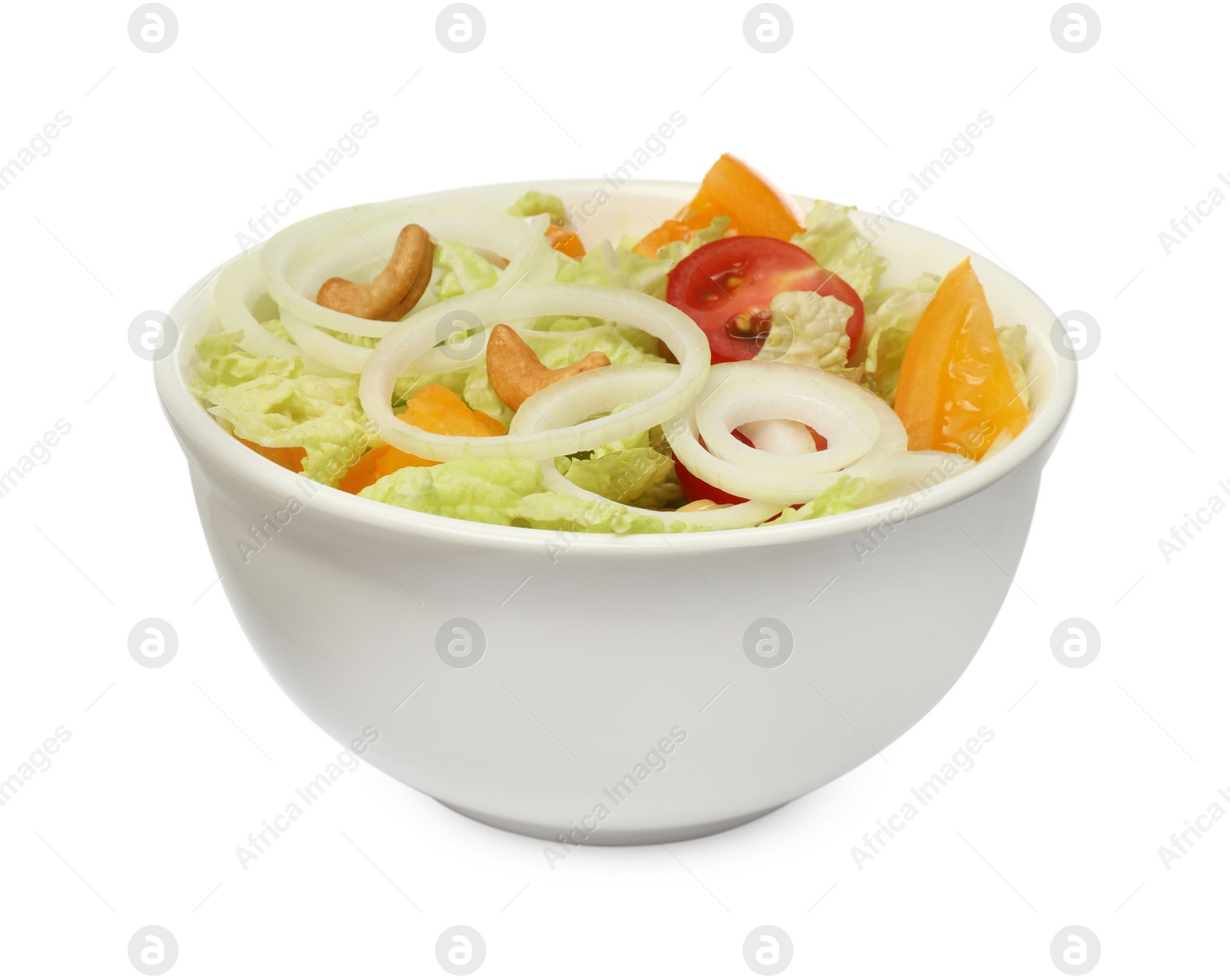 Photo of Bowl of delicious salad with Chinese cabbage, tomatoes and onion isolated on white