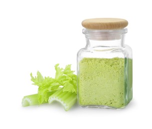 Photo of Glass jar of celery powder and fresh cut stalk isolated on white