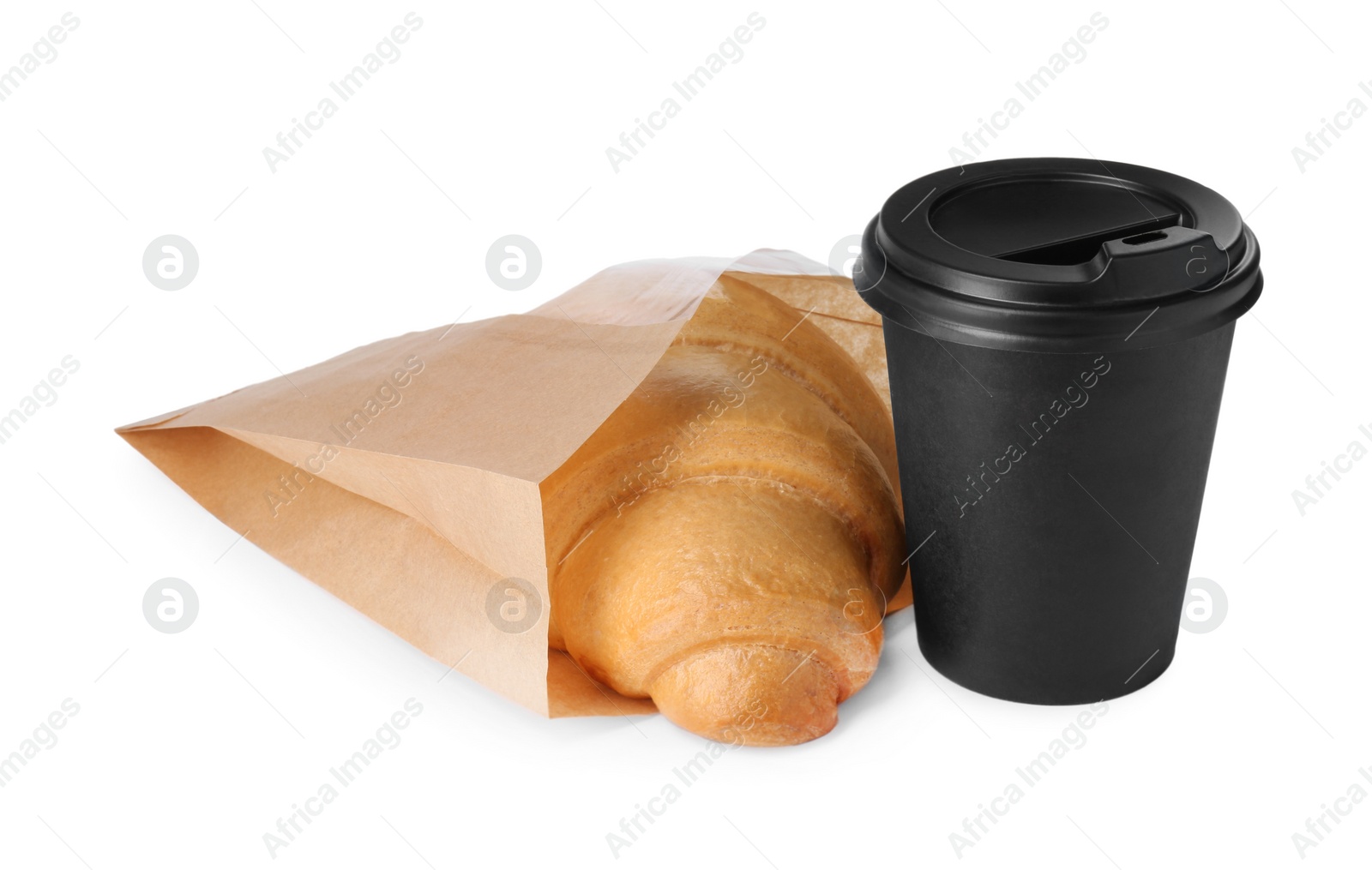 Photo of Delicious fresh croissant and paper cup with coffee isolated on white