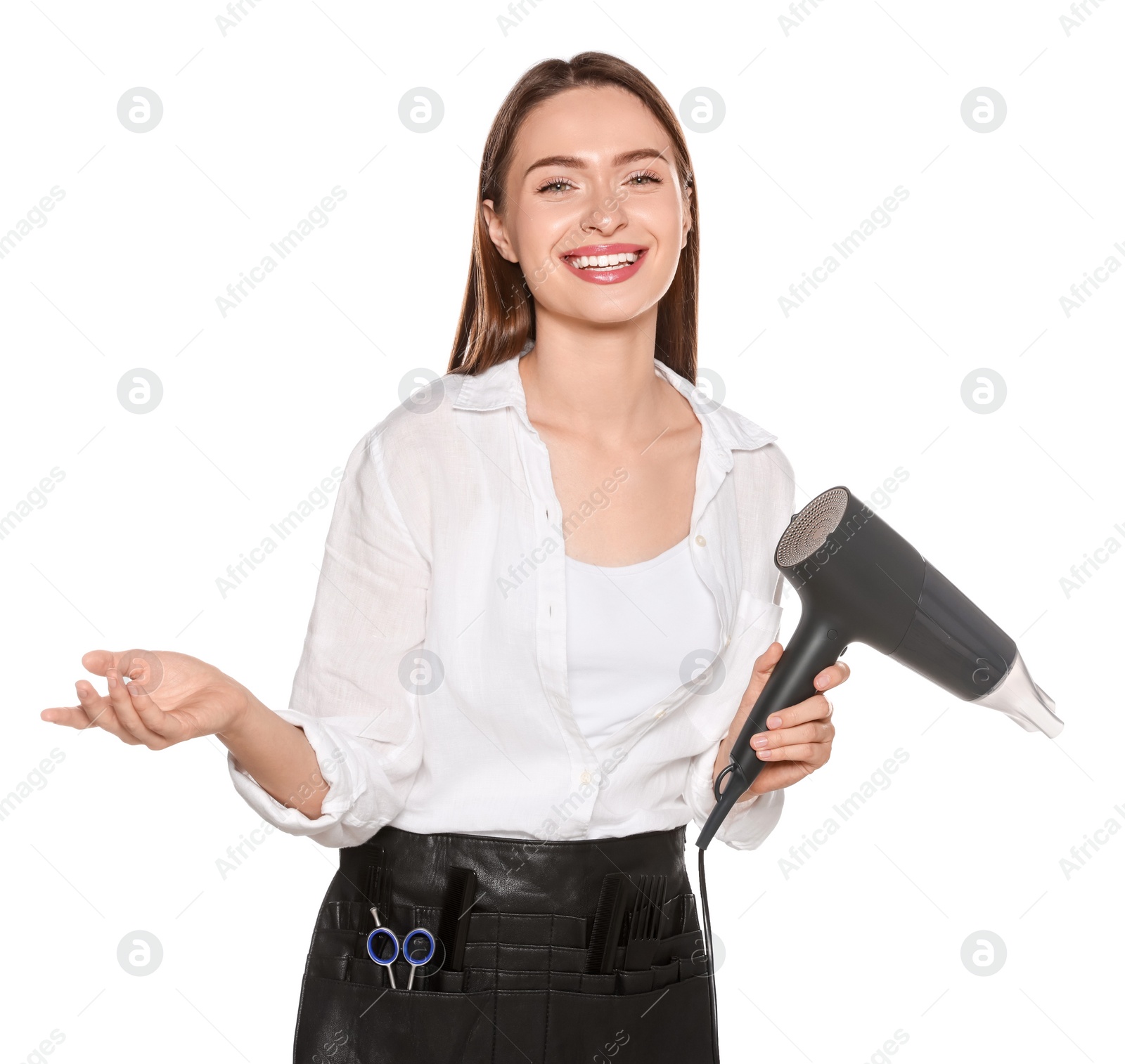 Photo of Portrait of happy hairdresser with hairdryer on white background