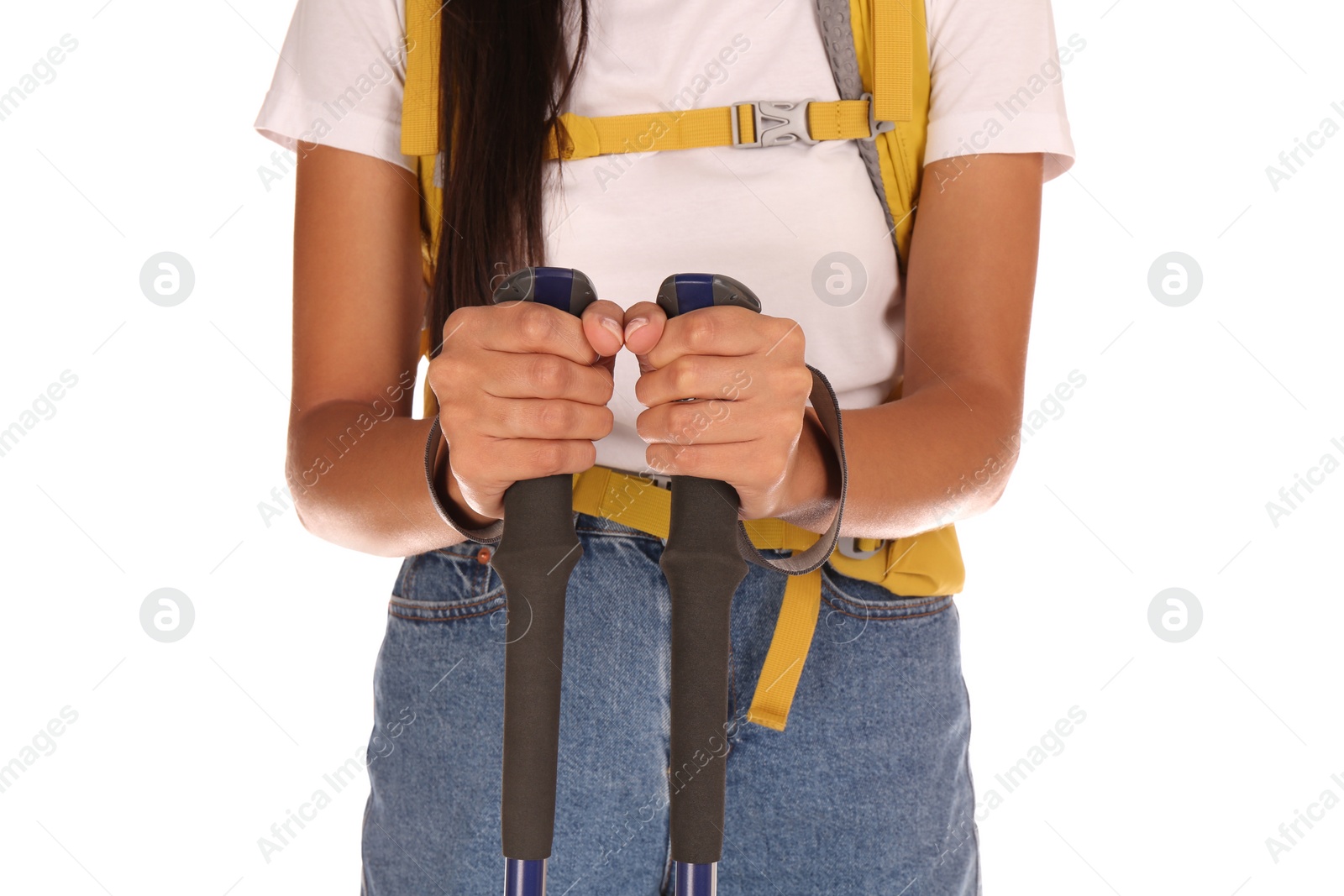 Photo of Woman with trekking poles on white background, closeup