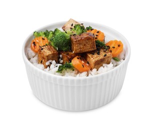 Photo of Bowl of rice with fried tofu, broccoli and carrots isolated on white