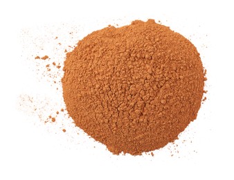 Pile of dry aromatic cinnamon powder isolated on white, top view