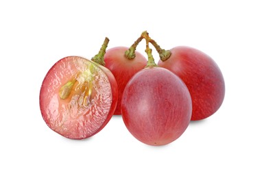 Photo of Cut and whole ripe red grapes isolated on white