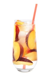 Photo of Delicious refreshing peach cocktail in glass on white background