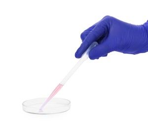 Photo of Scientist dripping liquid from pipette into petri dish on white background, closeup