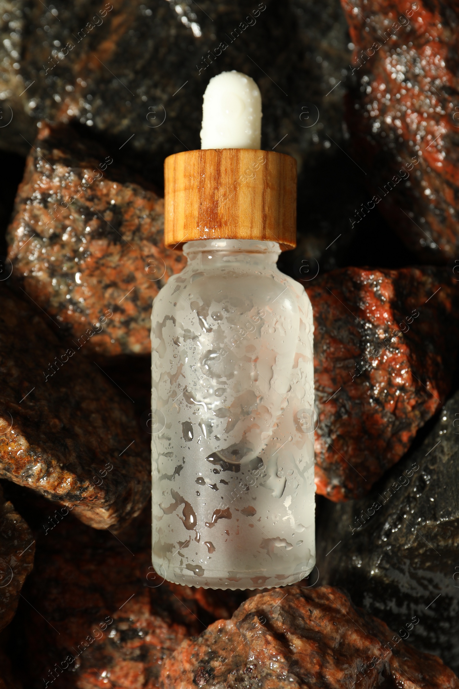 Photo of Bottle of face serum on wet stones, top view