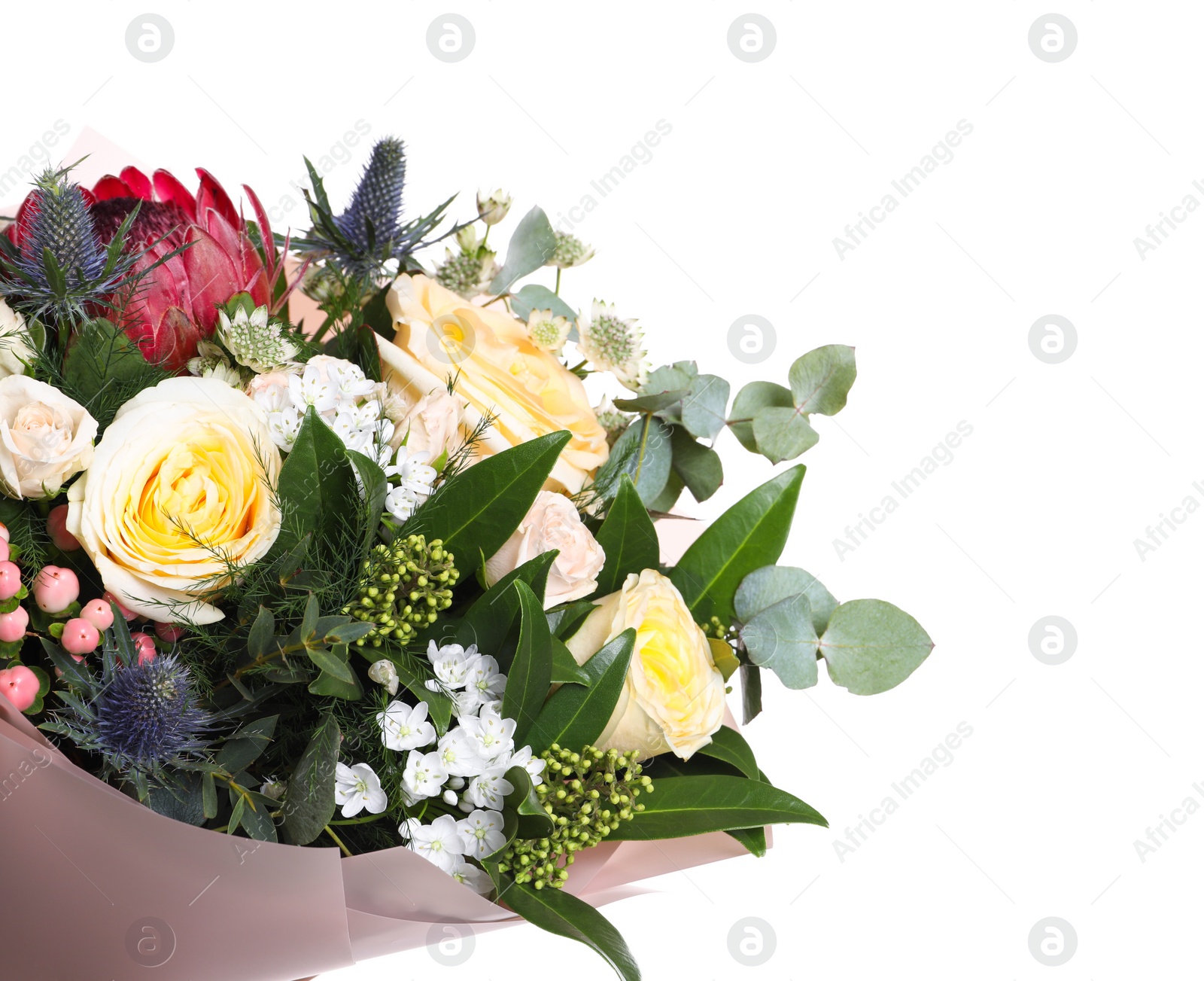 Photo of Beautiful bouquet with roses on white background, closeup