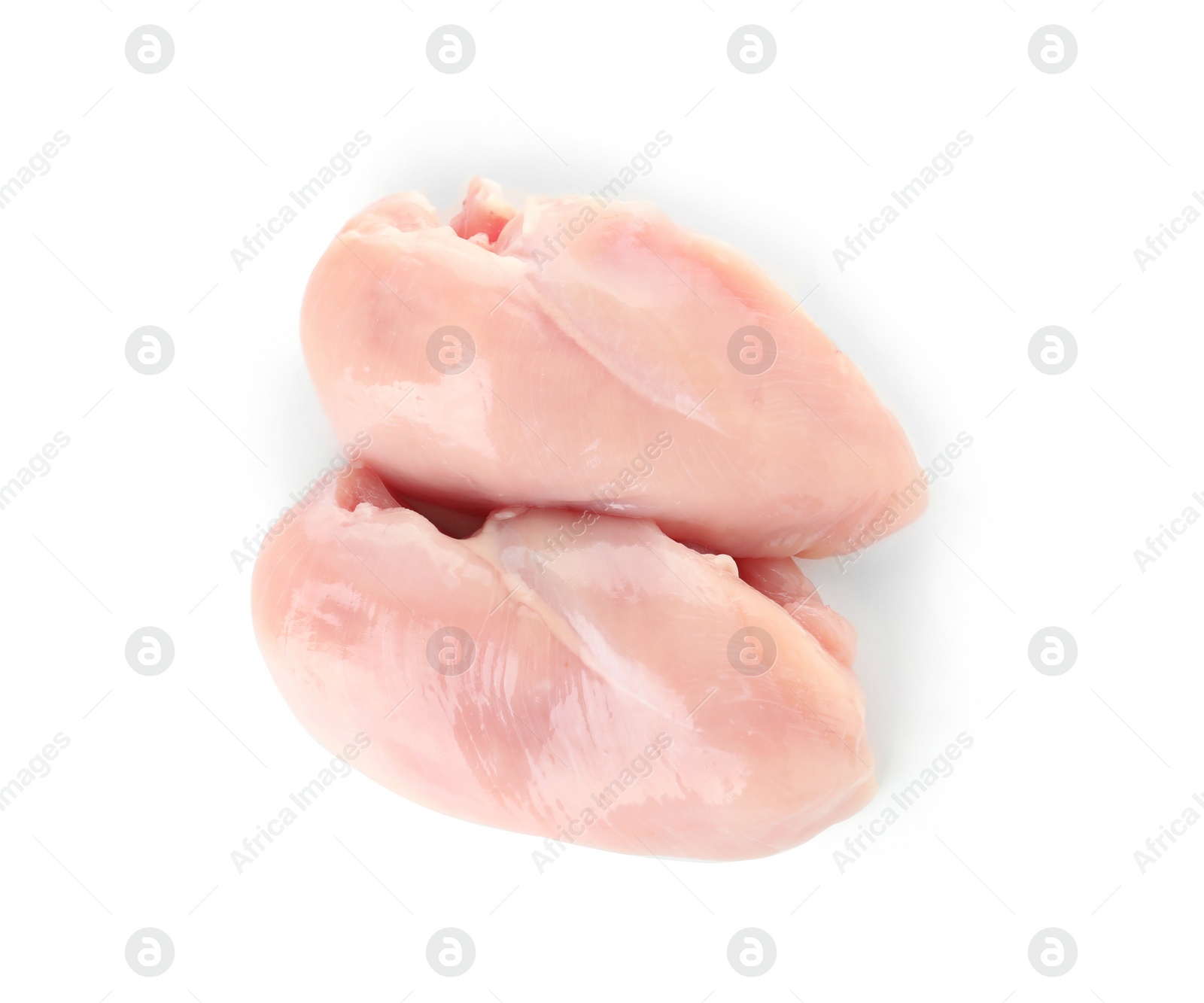 Photo of Raw chicken breasts on white background, top view. Fresh meat