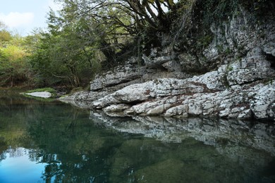 Picturesque view of rocky pond shore in park