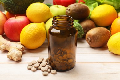 Dietary supplements. Bottle and pills near food products