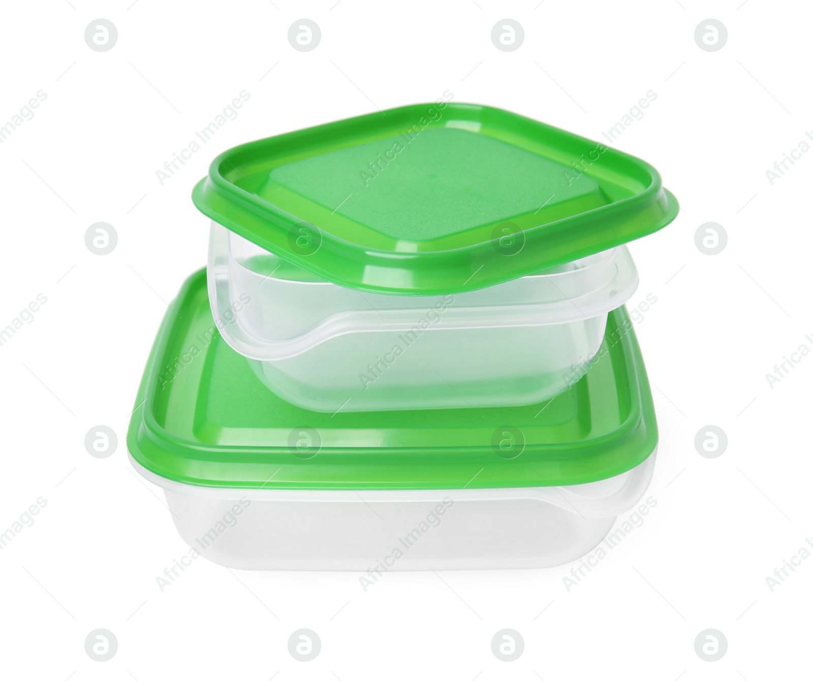 Photo of Empty plastic containers on white background. Food storage