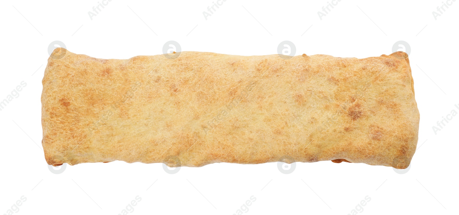 Photo of Delicious strudel with tasty filling isolated on white, top view