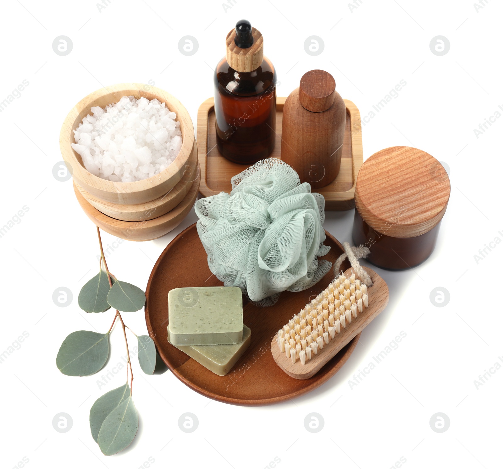 Photo of Different spa supplies and floral decor isolated on white