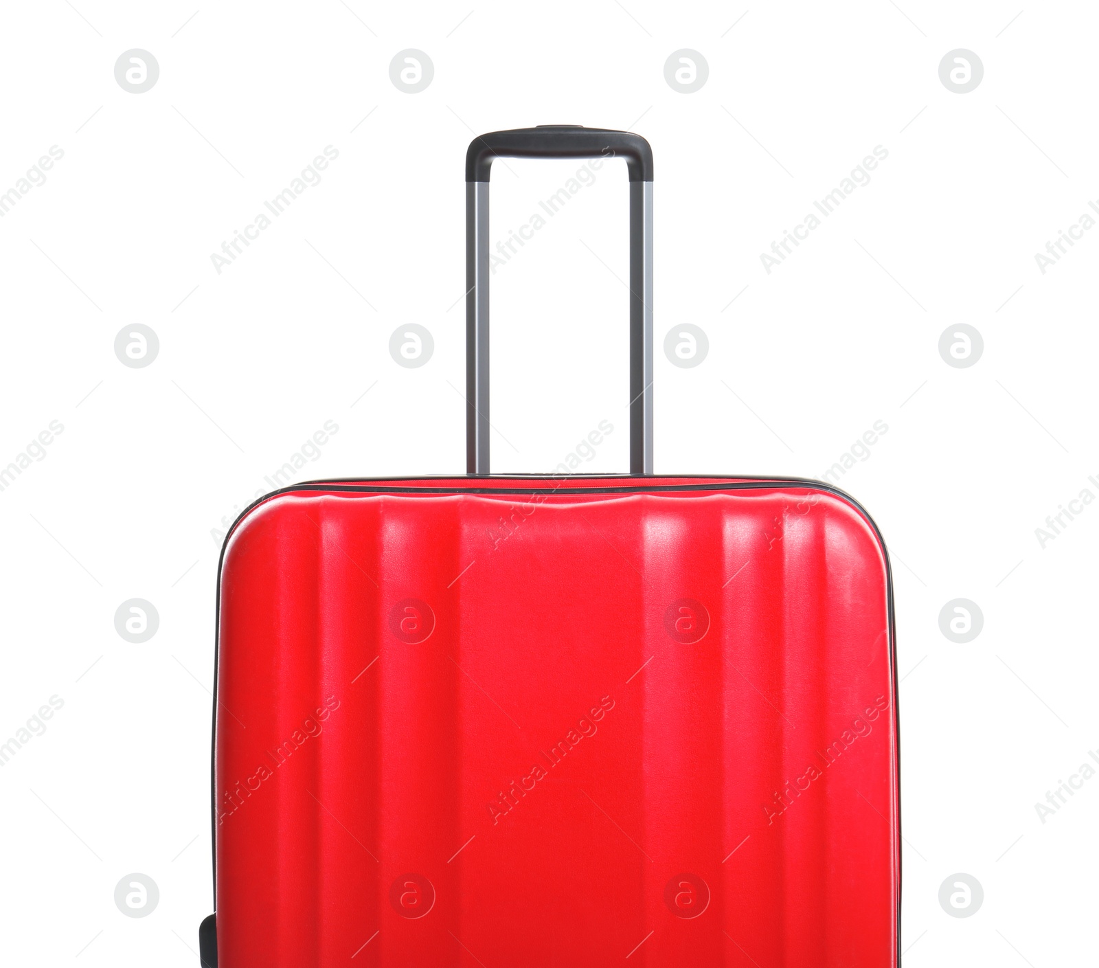 Photo of Packed bright red suitcase on white background