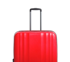 Photo of Packed bright red suitcase on white background