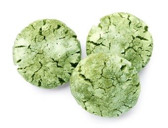 Tasty matcha cookies on white background, top view