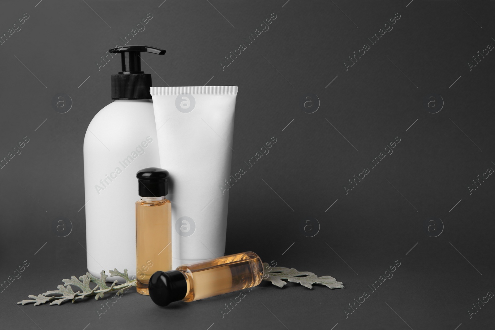 Photo of Cosmetic products and silver leaves on dark grey background. Space for text