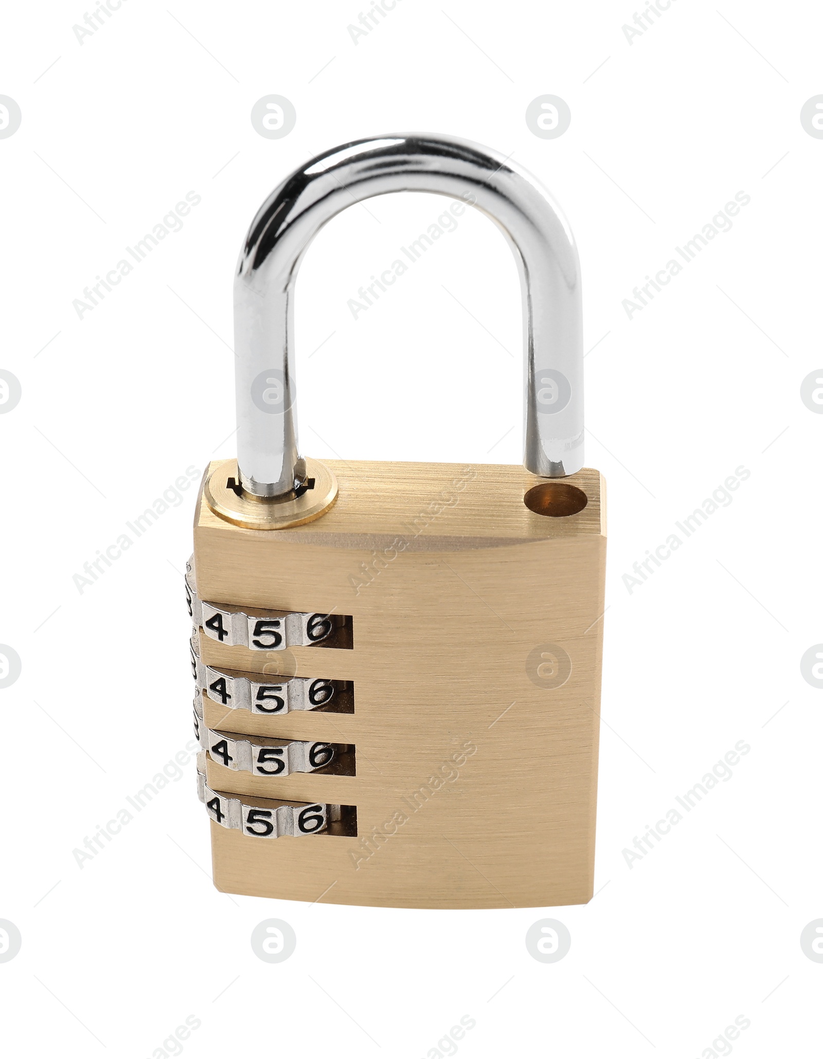 Photo of Locked steel combination padlock isolated on white