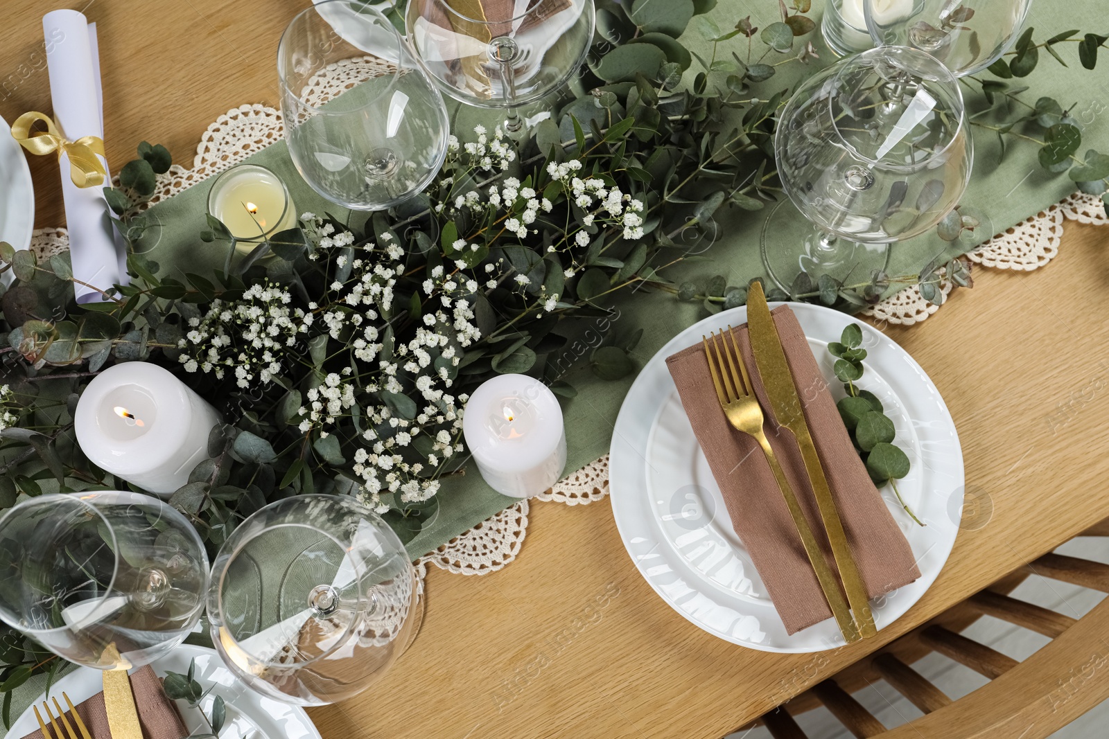 Photo of Stylish elegant table setting for festive dinner, flat lay