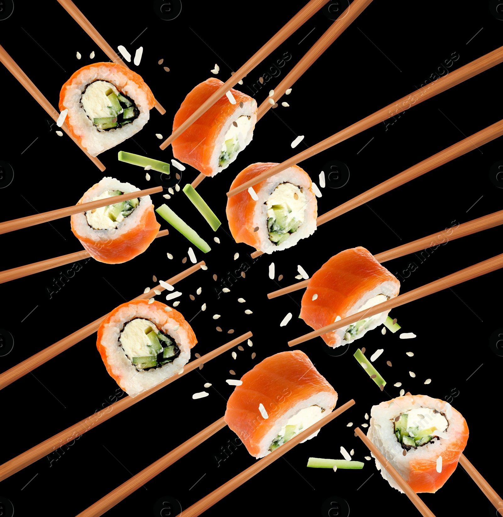 Image of Collage of philadelphia sushi rolls on black background