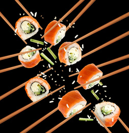 Image of Collage of philadelphia sushi rolls on black background