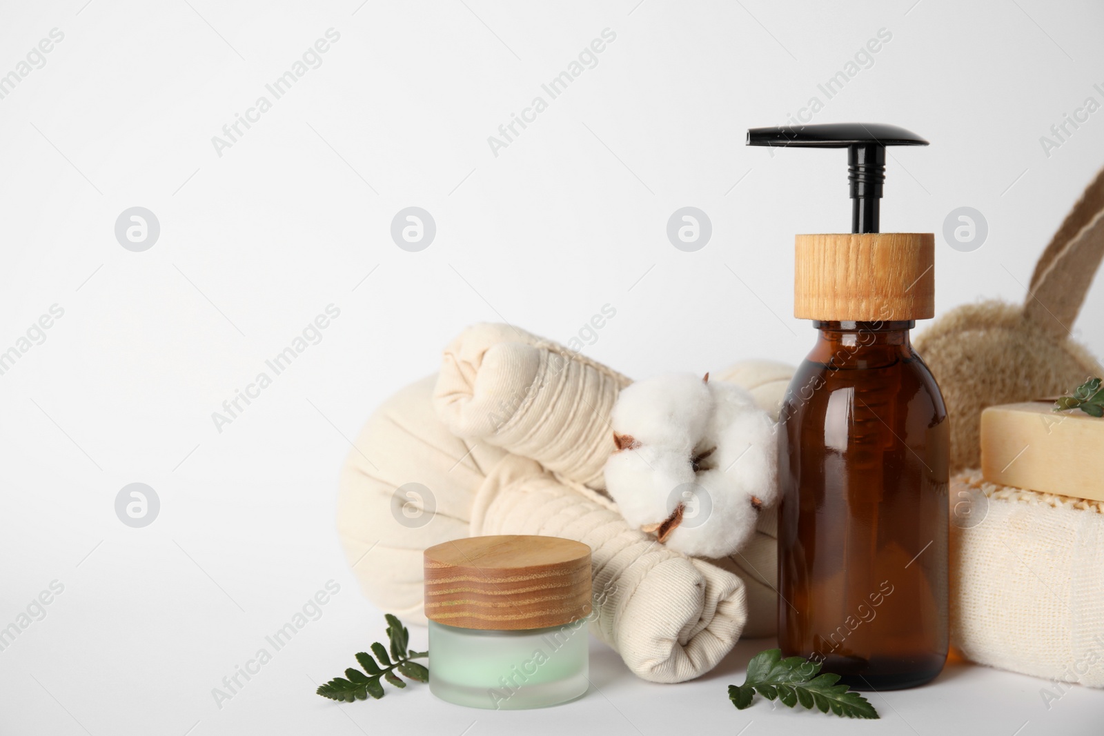 Photo of Eco friendly personal care products on white background, space for text
