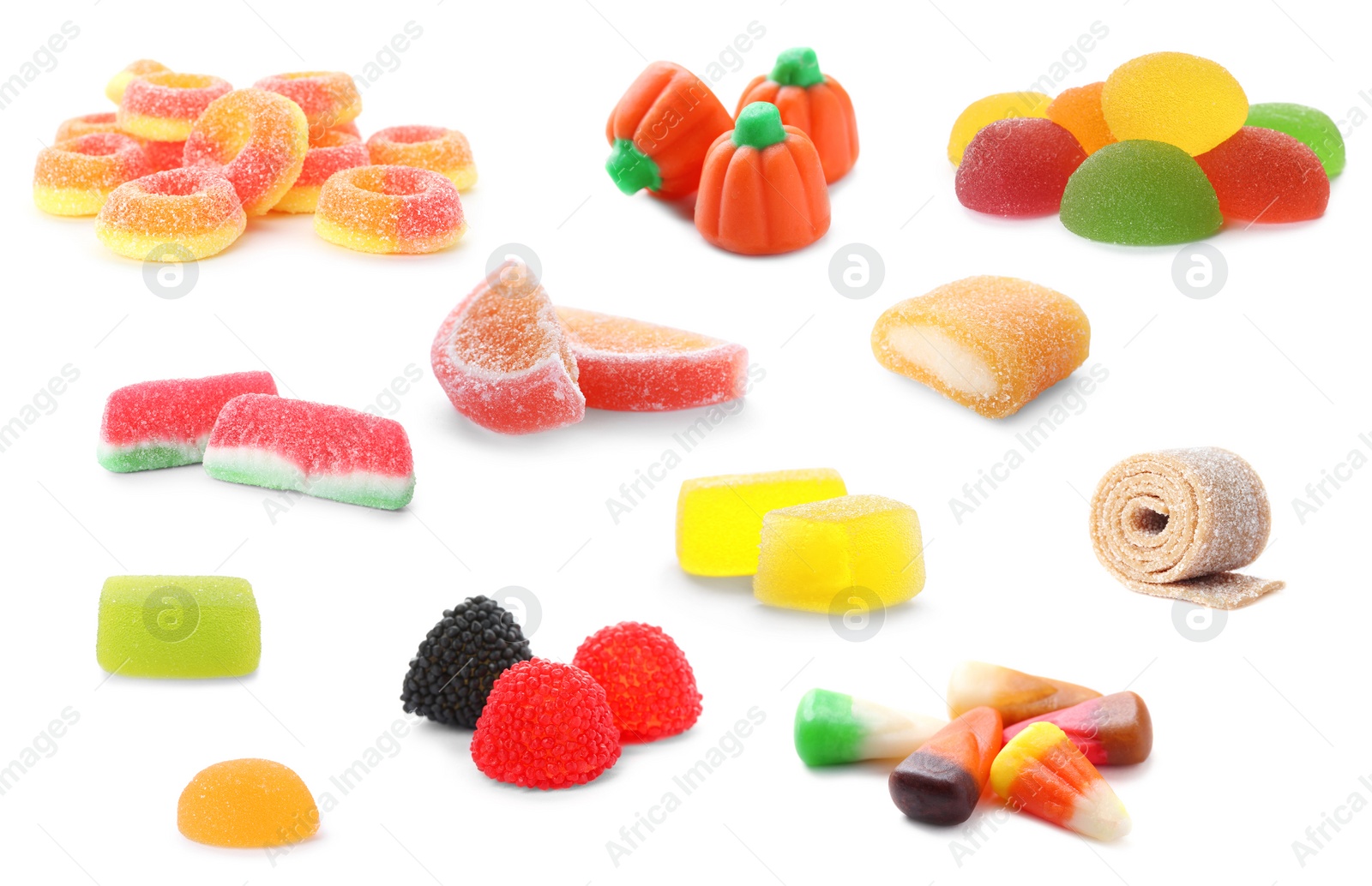 Image of Set of different jelly candies on white background