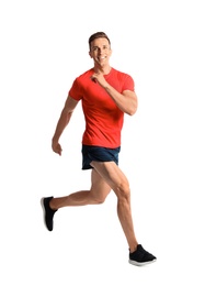 Photo of Sporty young man running on white background