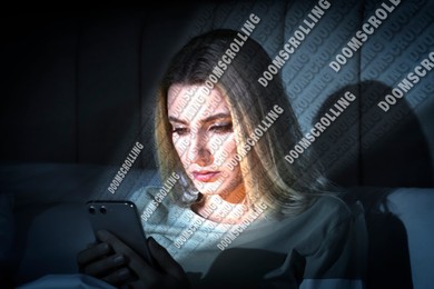 Image of Woman reading negative news in bed at night. Words Doomscrolling flowing out of mobile phone