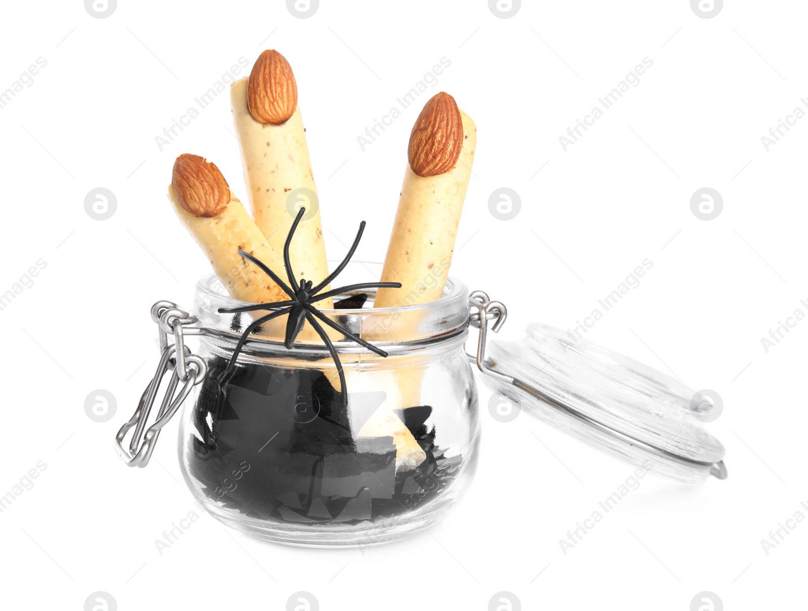 Photo of Delicious desserts decorated as monster fingers on white background. Halloween treat