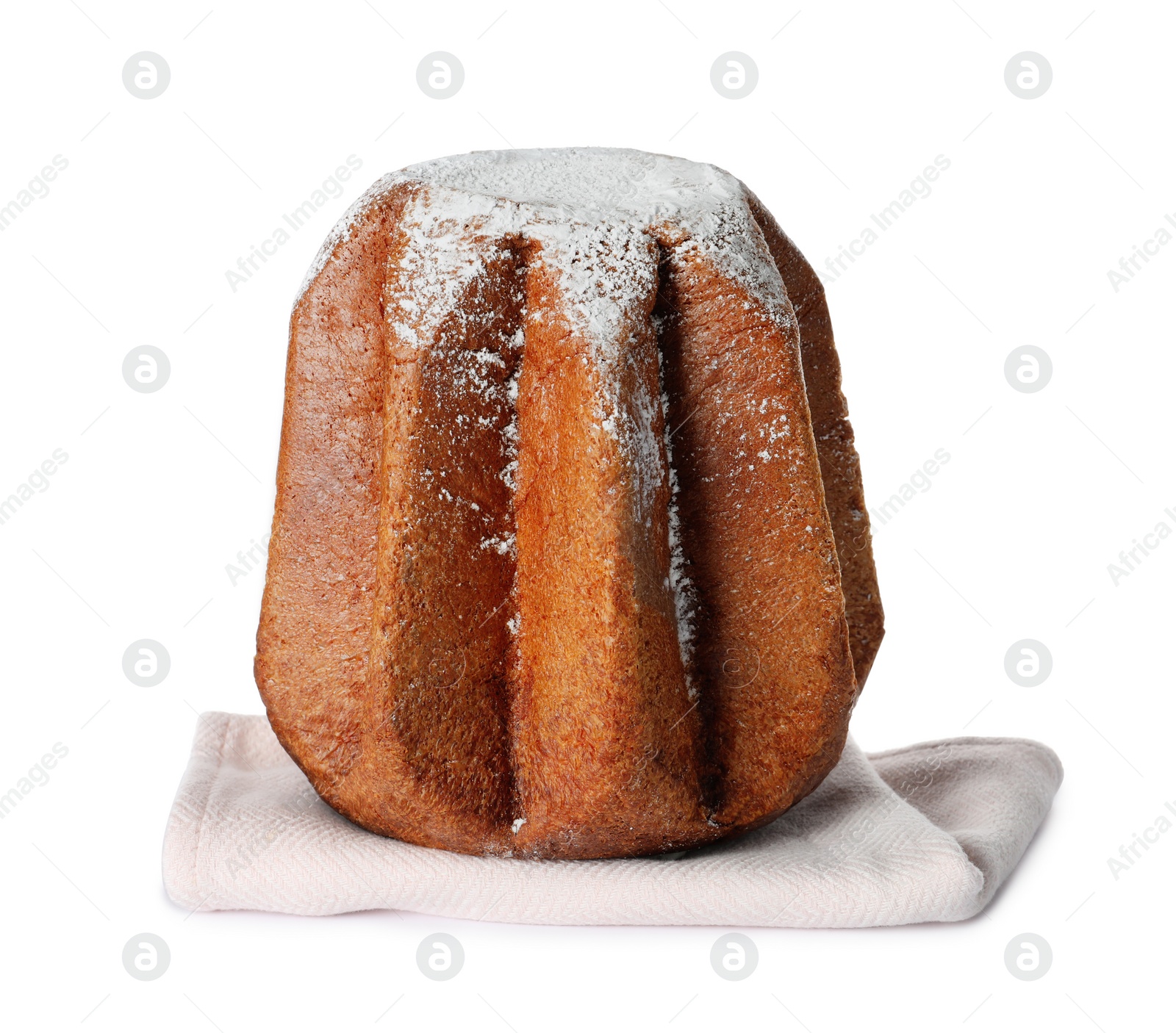 Photo of Delicious Pandoro cake decorated with powdered sugar isolated on white. Traditional Italian pastry