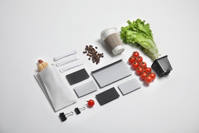 Photo of Composition with items for mock up design on light background. Food delivery service