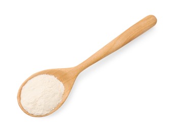 Photo of Baking powder in spoon isolated on white, top view