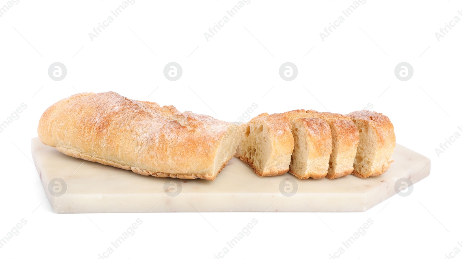 Photo of Board with cut delicious French baguette isolated on white