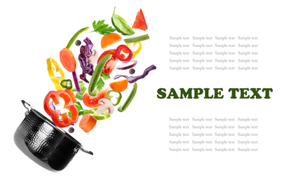 Pot and fresh ingredients for soup on white background. Space for text