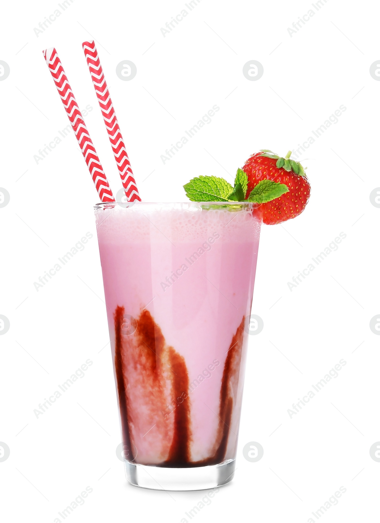 Photo of Glass with delicious milk shake on white background