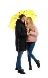 Full length portrait of beautiful couple with umbrella, isolated on white