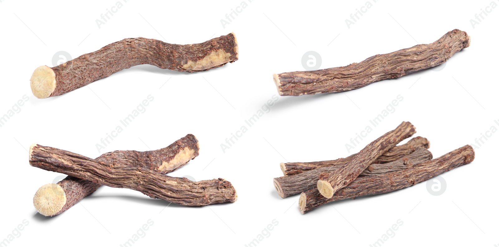 Image of Set with dried sticks of liquorice root on white background. Banner design